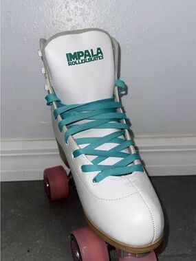Impala Womens White Roller Skate with Teal Laces and Pink Wheels